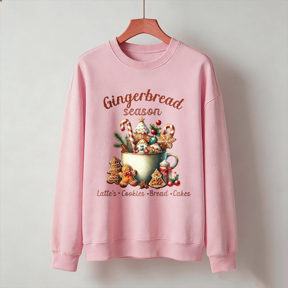 Gingerbread Season Christmas Crewneck Sweatshirt Gingerbread Man Mug Candy Cane Print Latte Cookies Bread Cakes Casual Pullover