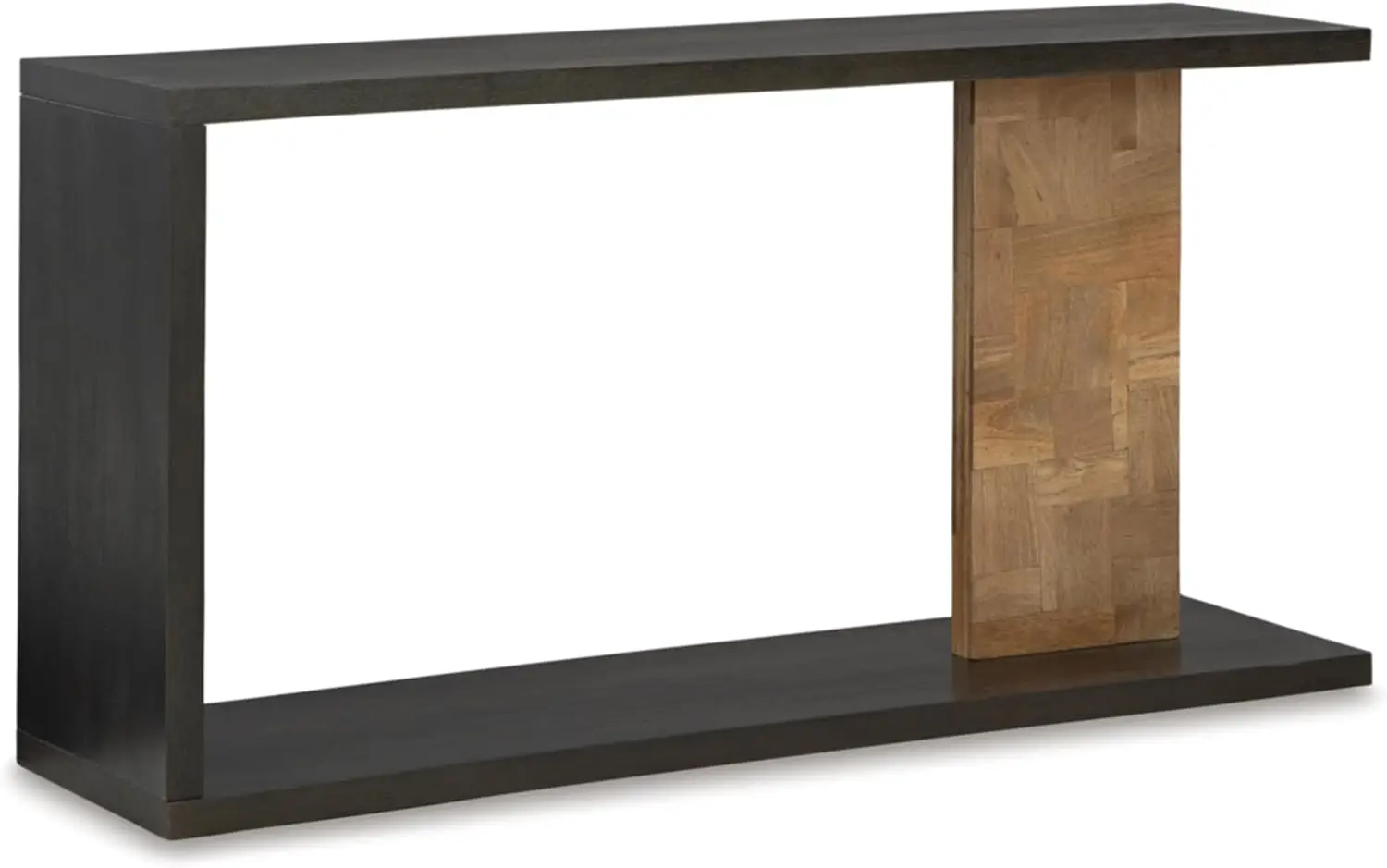 Camlett Contemporary Console Sofa Table With Shelf And Patchwork Patterned Support Post, Dark Brown & Light Brown