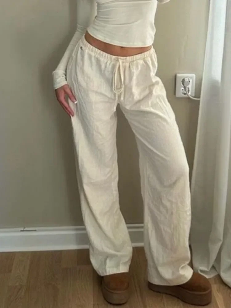 HOUZHOU Casual Basic White Pants Women Baggy Low Waist Straight Trousers Solid Color Thin Wide Leg Pantalones Ladies Summer