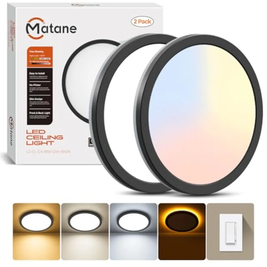 2Pack Dimmable Flush Mount Ceiling Light Fixture with Night Light 18W 3000K 4000K 5000K LED Low Profile Ceiling Lights for Bedr
