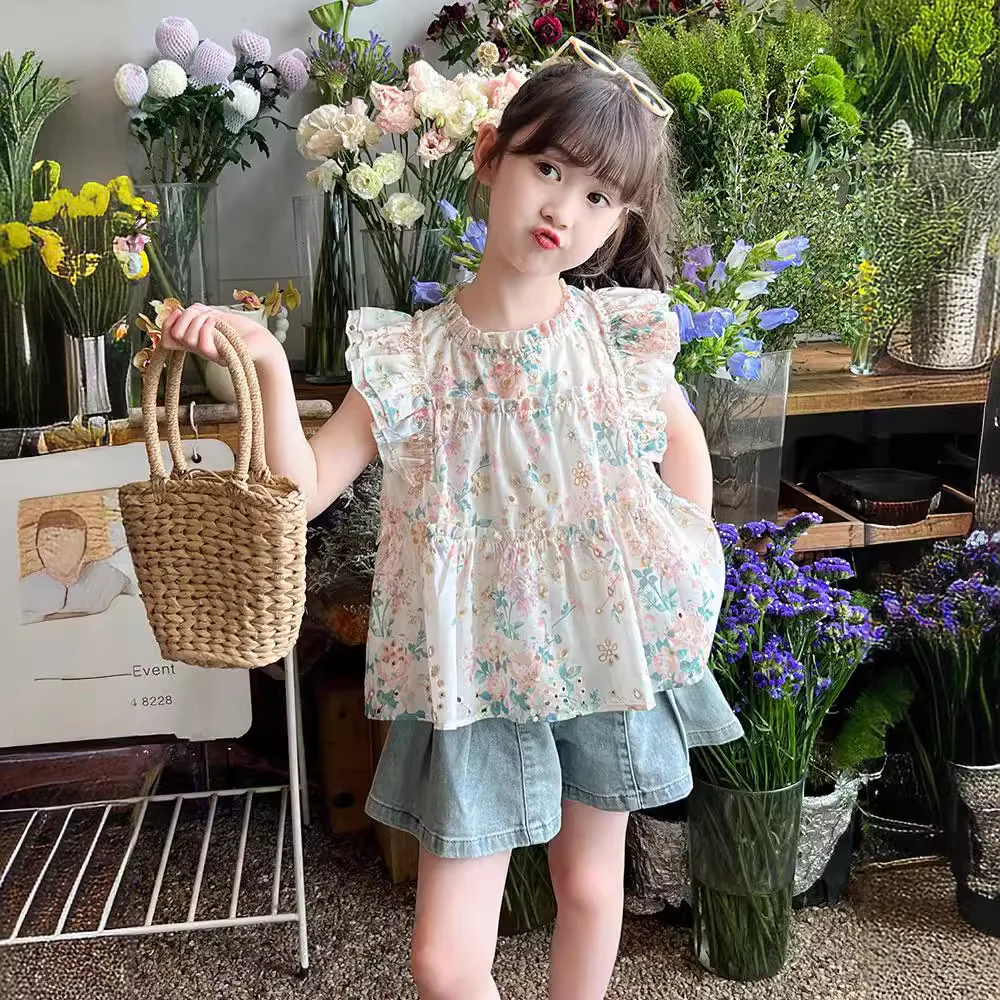 1pc 2024 summer teens cotton Girls cloth floral chiffon blouse TOP shirt or hot short demin jeans pant Kid 4 5 8 10 12 year