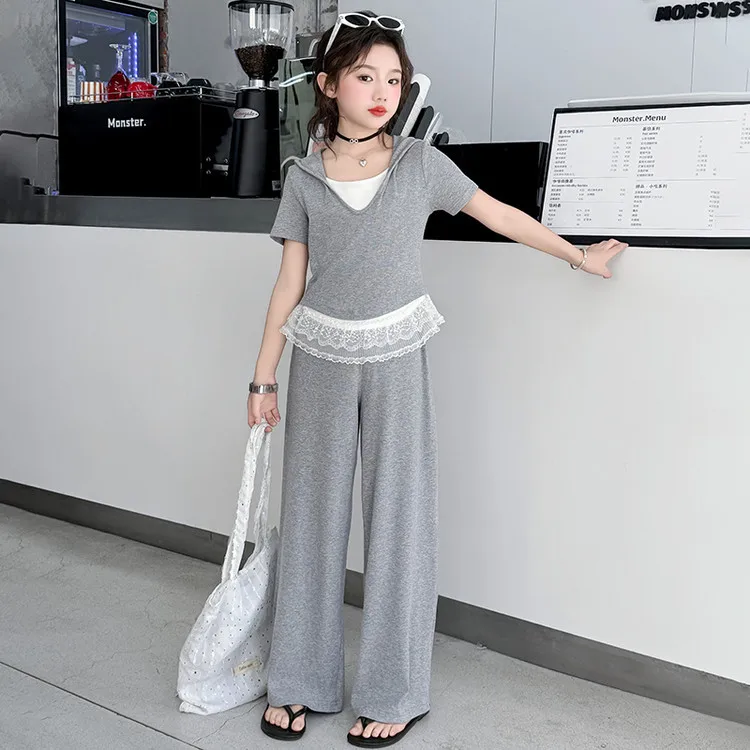 Summer New Girls Clothes Children Suit Teenager Splicing Lace Short Sleeve Hooded t-shirt + Wide Leg Pants 4 5 8 15 Years