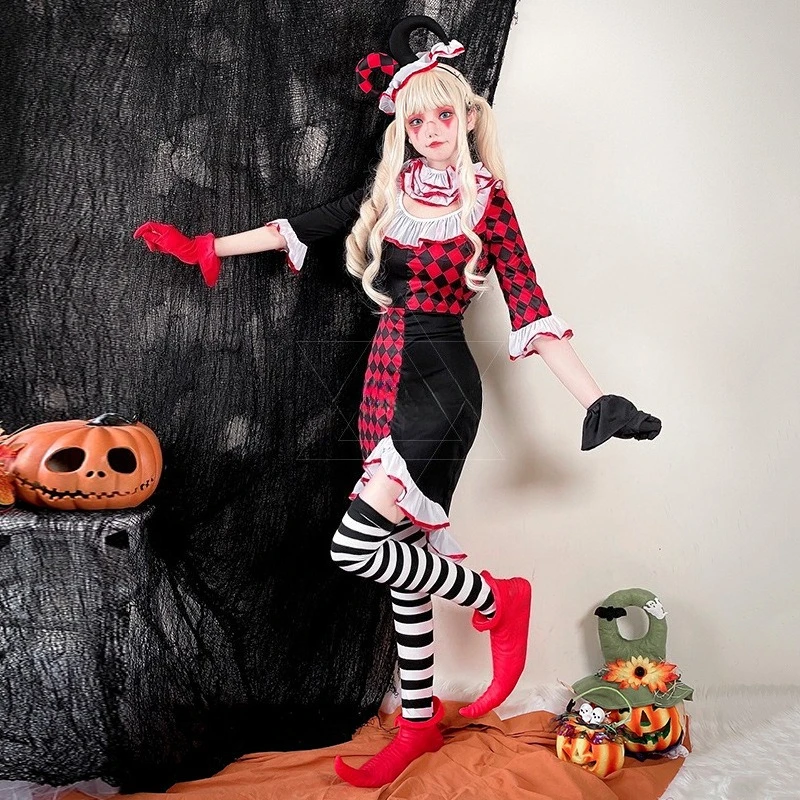 2025 halloween adulto palhaço terno circo poker cosplay traje masquerade bola palco festa traje boate meados de manga vestido conjunto