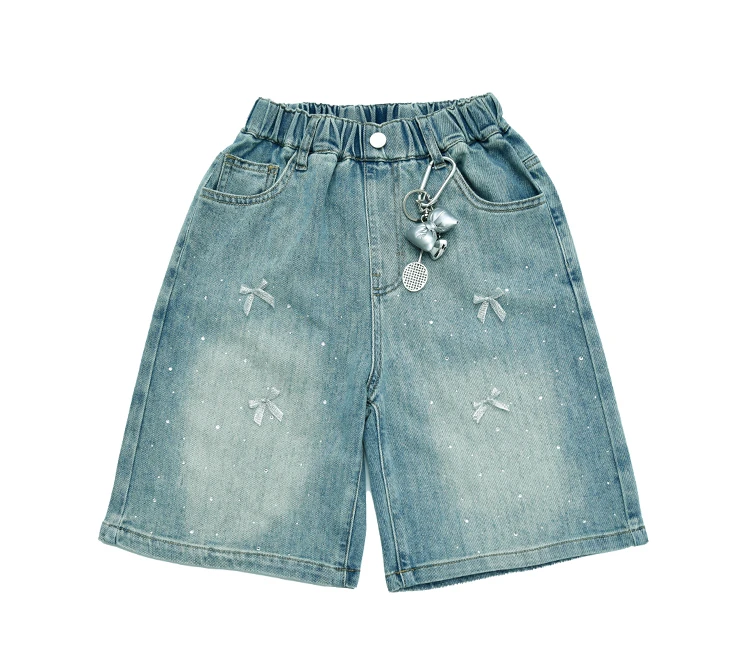 Neue Modische Kinder-Knielange Jeans-Shorts mit Schleife und Strass für Teenager-Mädchen, Lässige Capri-Jeans mit Schleife – Detail 11