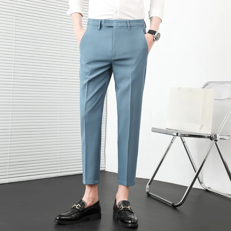 Summer New Solid Color Business Casual Pants Men Slim Fit Social Suit Pant Formal Office Ankle Length Trousers Streetwears 36-29