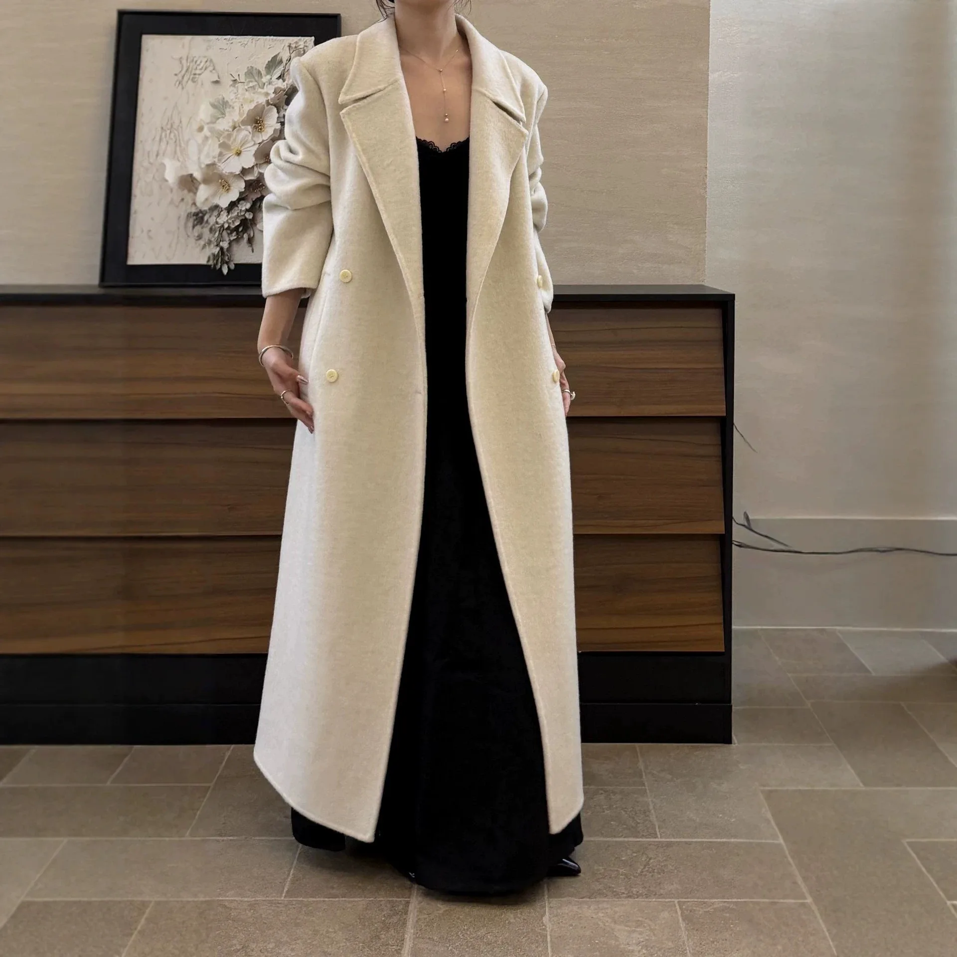 Luxury Long Double-Faced Wool Coat for Women, Notched Lapel, 2026 Fall Winter Wool Jacket