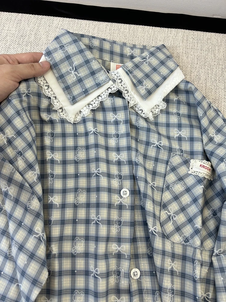 

Корейская длинная рубашка-сорочка с двойным кружевным воротником, свободного кроя, с узором «медвежий узел», в клетку, для мужчин, с эффектом омоложения