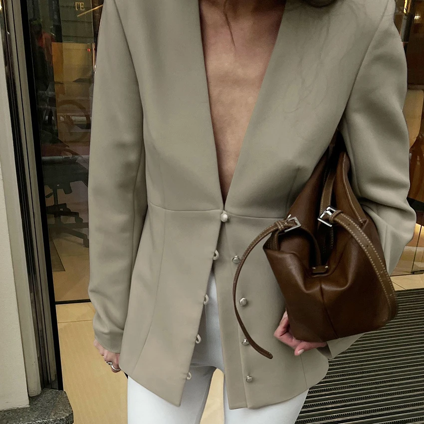 

Linad элегантные светло-коричневые пальто для женщин уличные шикарные однобортные куртки женские 2025 офисная женская верхняя одежда с v-образным вырезом осень