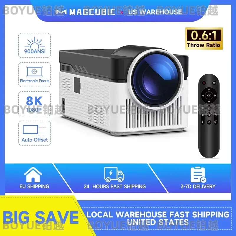 Ultra Short Throw Projector 900 ANSI Lumens 8K Support 1080P Bluetooth Auto Focus Electronic Offset Voice Control Home
