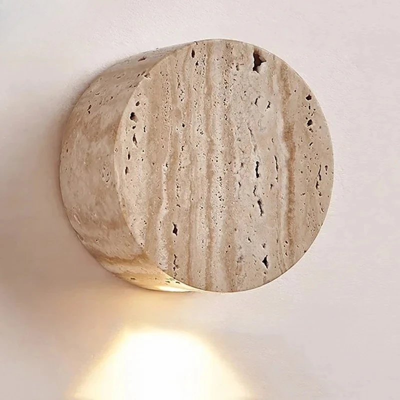 Japanese Wabi‑Sabi Yellow Travertine LED Wall Sconce Rotatable Natural Stone Lamp for Bedroom Bedside Aisle Stair Restaurant