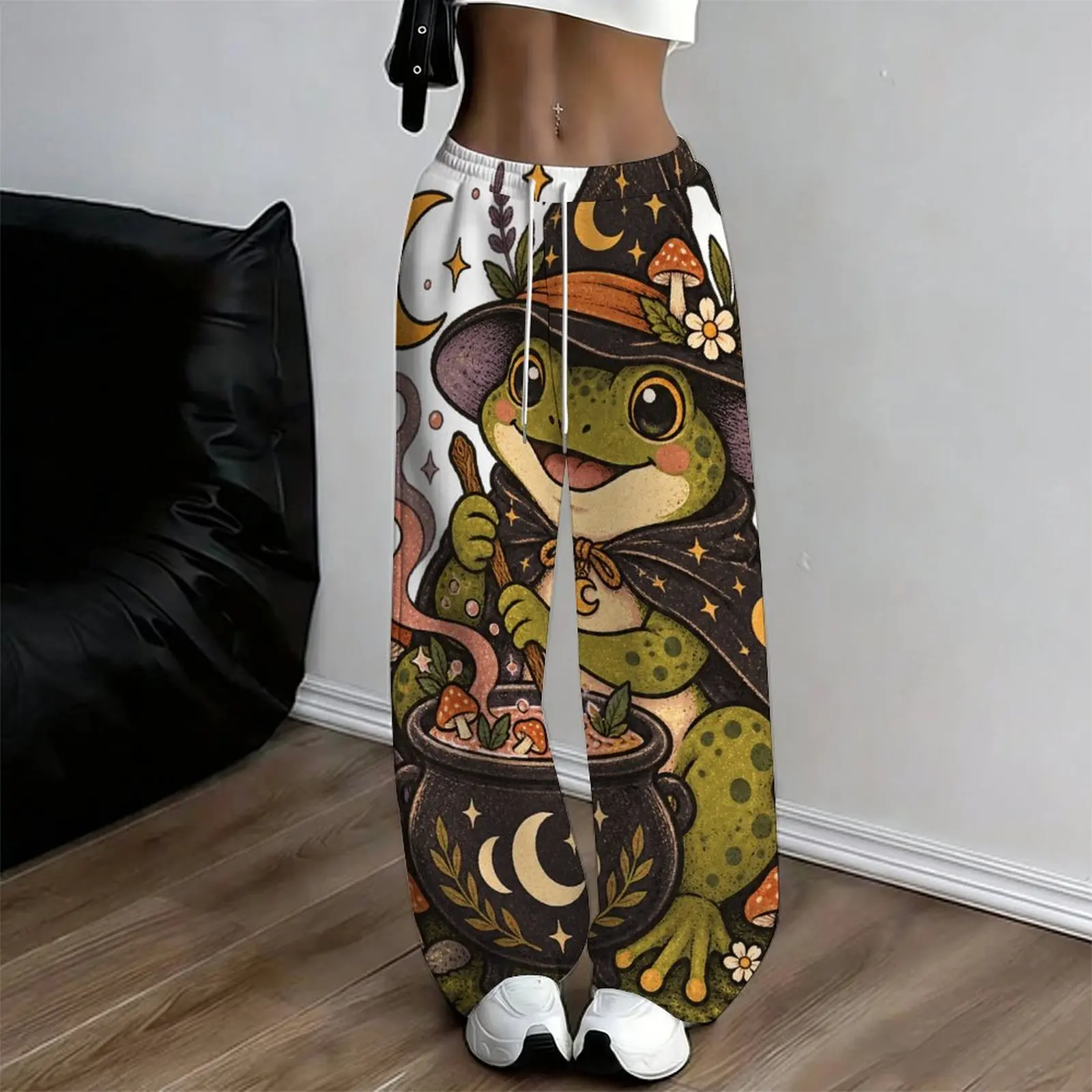 Women Loose Straight Full Length Pants Printed Cute Witch Frog Moon Star Mushroom Trousers