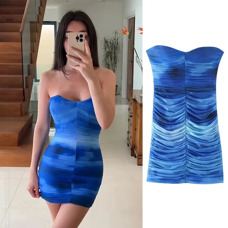 

PB&ZA Women's 2024 Summer New Sexy Off-Shoulder Printed Tulle Short Tie-Dye Slim Tube Top Dress 3239/022