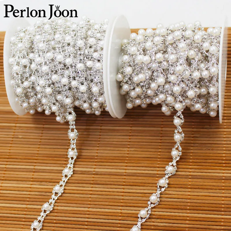 Two styles small pearl crystal Manual  rhinestones trim Ribbon metal chain  for dress, bag, shoes accessories ML006-007