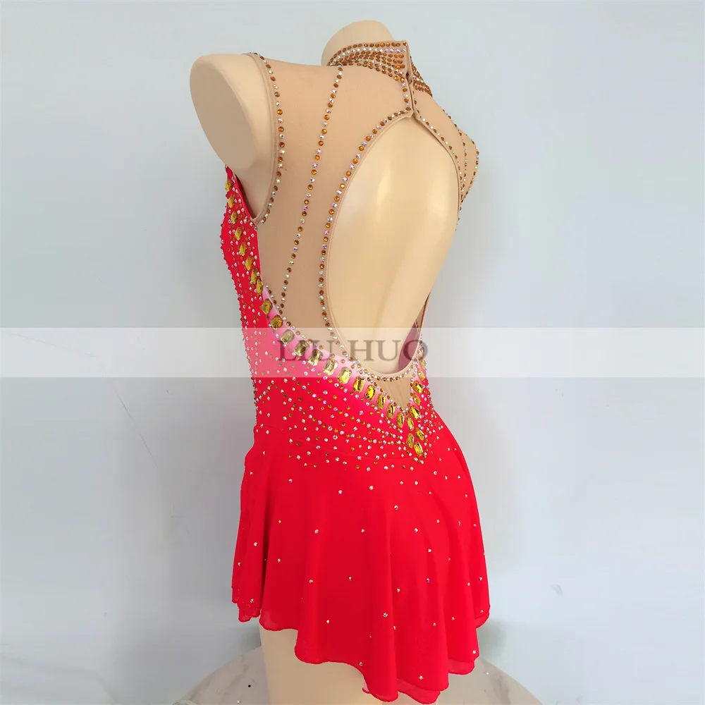 LIUHUO femmes Aldult fille personnaliser Costume Performance compétition justaucorps patinage artistique sur glace robe danse adolescents rouge sans manches