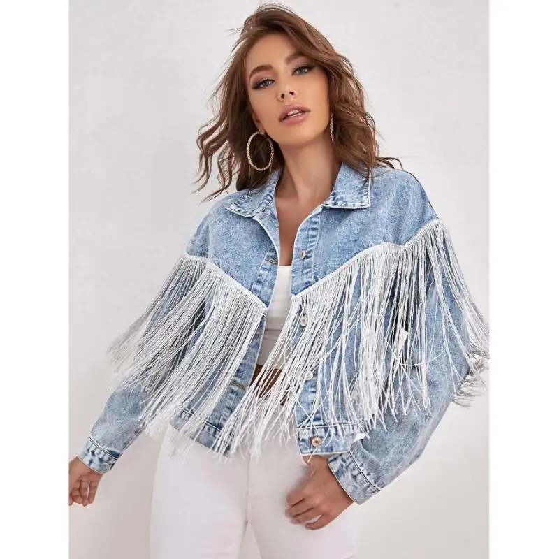 Chaqueta vaquera holgada para mujer, Chaqueta vaquera azul lavada con borlas, ropa de calle Retro, abrigo corto, prendas de vestir, p593, para las cuatro estaciones