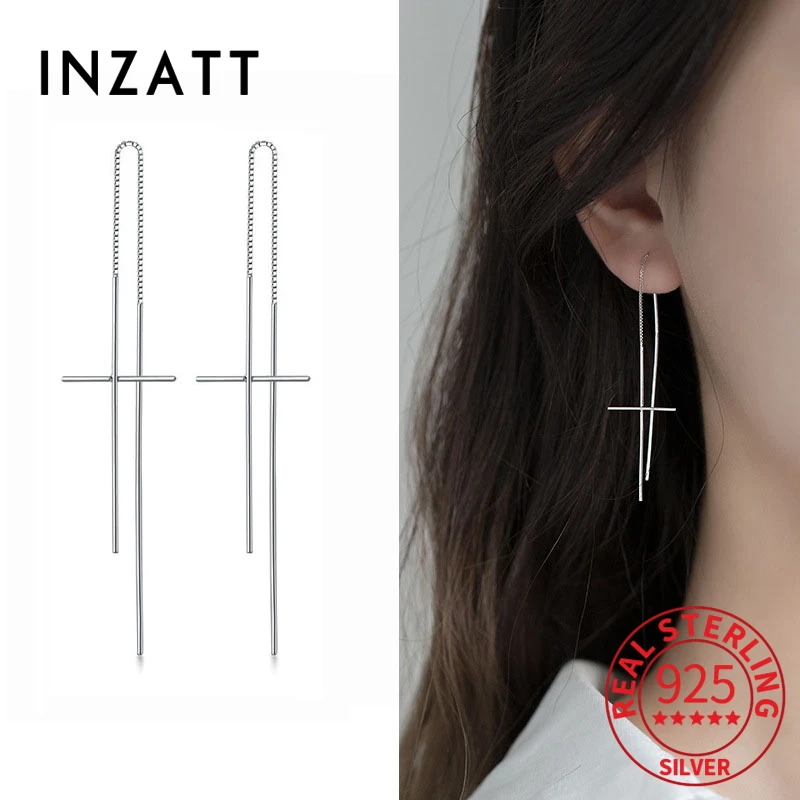 INZATT Real 925 Sterling Silver Minimalist Cross Drop Earrings For Fashion Women Chain Tassel Fine Jewelry Cute Accessories