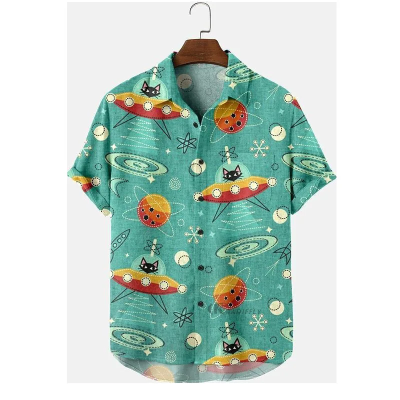 Summer Short Sleeved Shirt, Casual Button Up Collar Top, Loose Digital Printed Shirt, Trendy Vacation Men's Clothing