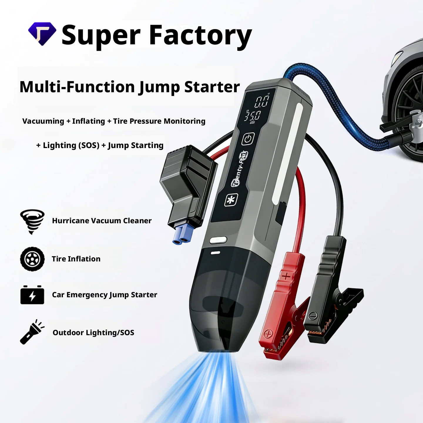 5-in-1 Jump Starter with Air Compressor & Vacuum 12V Heavy Duty Car Battery Booster All-in-One Emergency Jump Box for Auto