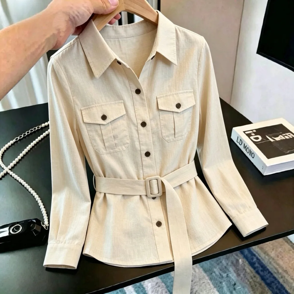 Slim Fit Long Sleeve Shirt Turn-down Collar Waist-cinching Thin Beautiful Casual Style Polyester Fiber Pocket Design Iron-free