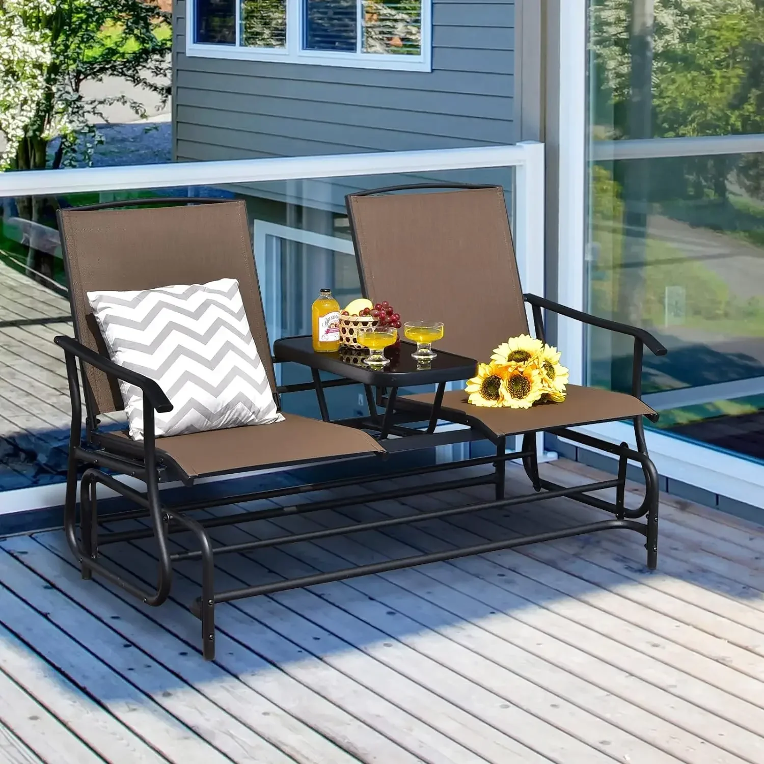 

Patio Bench Glider Chair with Metal Frame, Center Tempered Glass Table, Outside Double Rocking Swing Loveseat for Porch