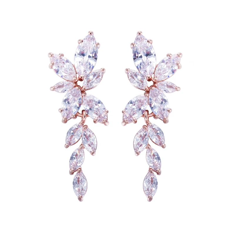 ThreeGraces Clear Marquise Cut Cubic Zirconia Rose Gold Color Elegant Leaf Drop Earrings for Women Bridal Wedding Jewelry E1159