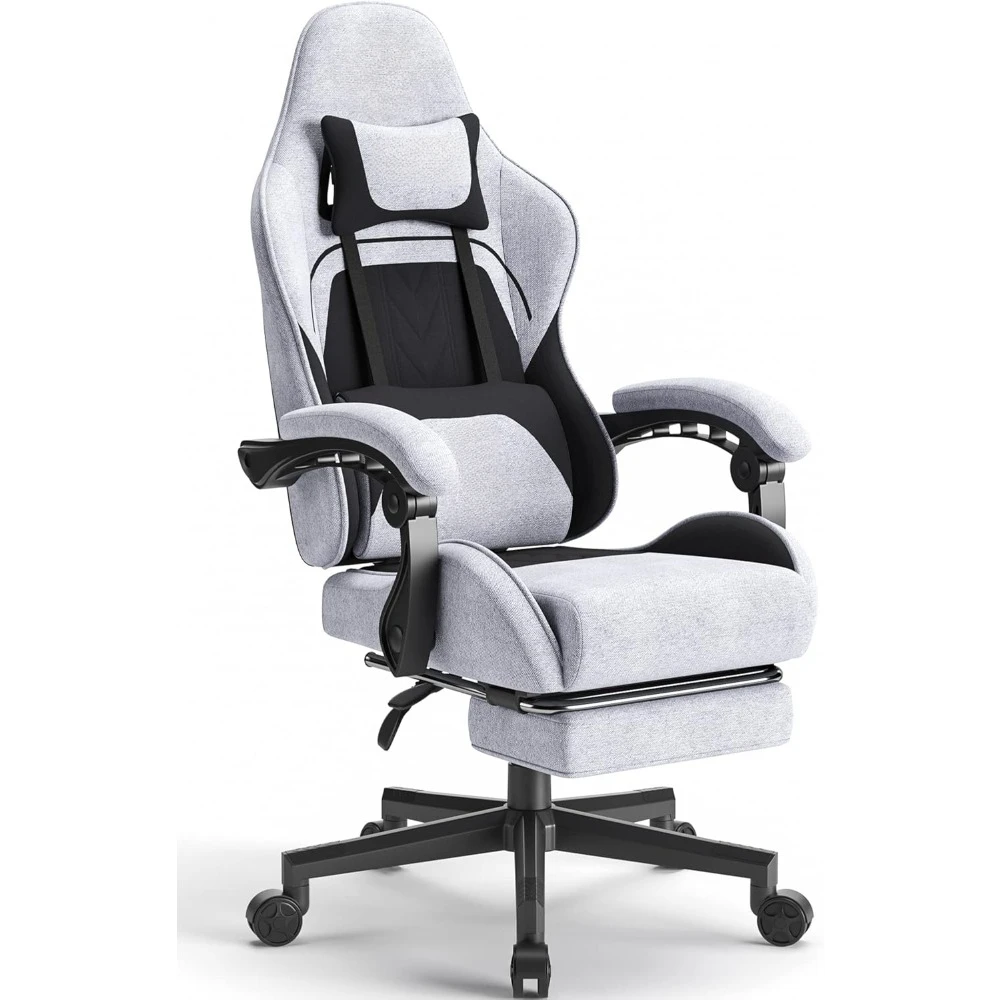 Gaming Chair Fabric with Pocket Spring Cushion, Ergonomic Massage Game Chairs Cloth with Headrest and Footrest. Gaming Chair