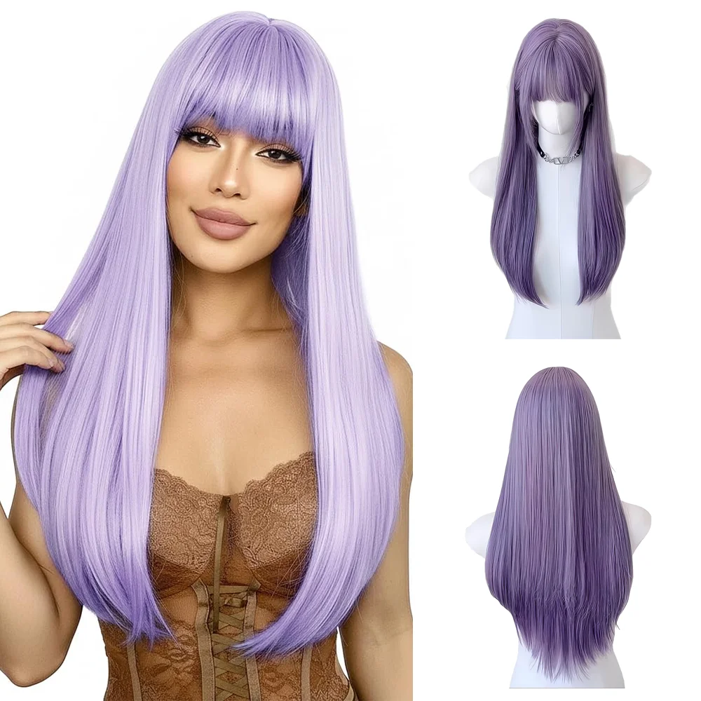 Peruca Lolita de Cabelo Liso de Alta Qualidade de 23 Polegadas com Franja Branca e Roxa, Adequada para Uso Diário e Festas, Natural e Resistente ao Calor