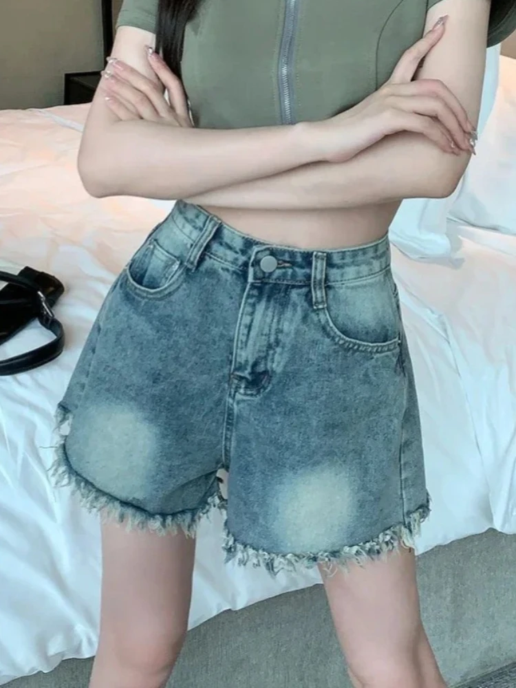 

Женские шорты прямого дизайна, универсальные уличные новые карманы, винтажные повседневные шорты с высокой талией, женские джинсовые шорты в стиле ретро с кисточками, летние