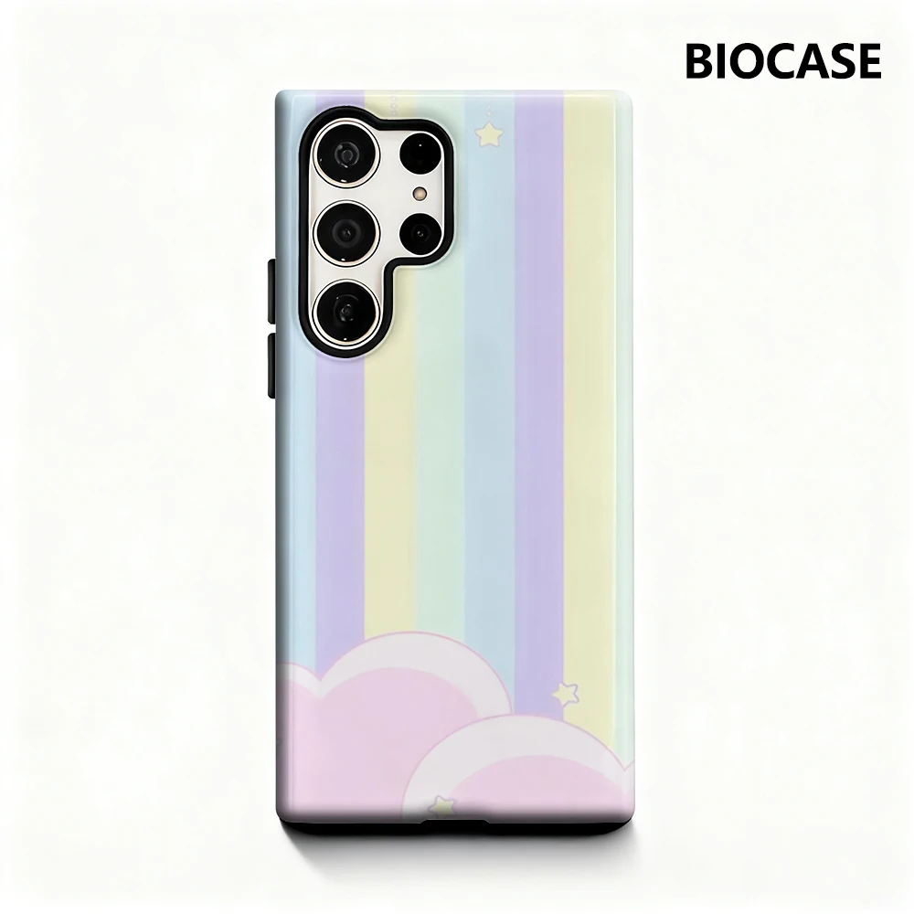 Verträumte Cloud & Star Stripes Handyhülle für Samsung Galaxy S25 Ultra S24 S23 Ultra Plus, glänzende doppellagige Rückseite