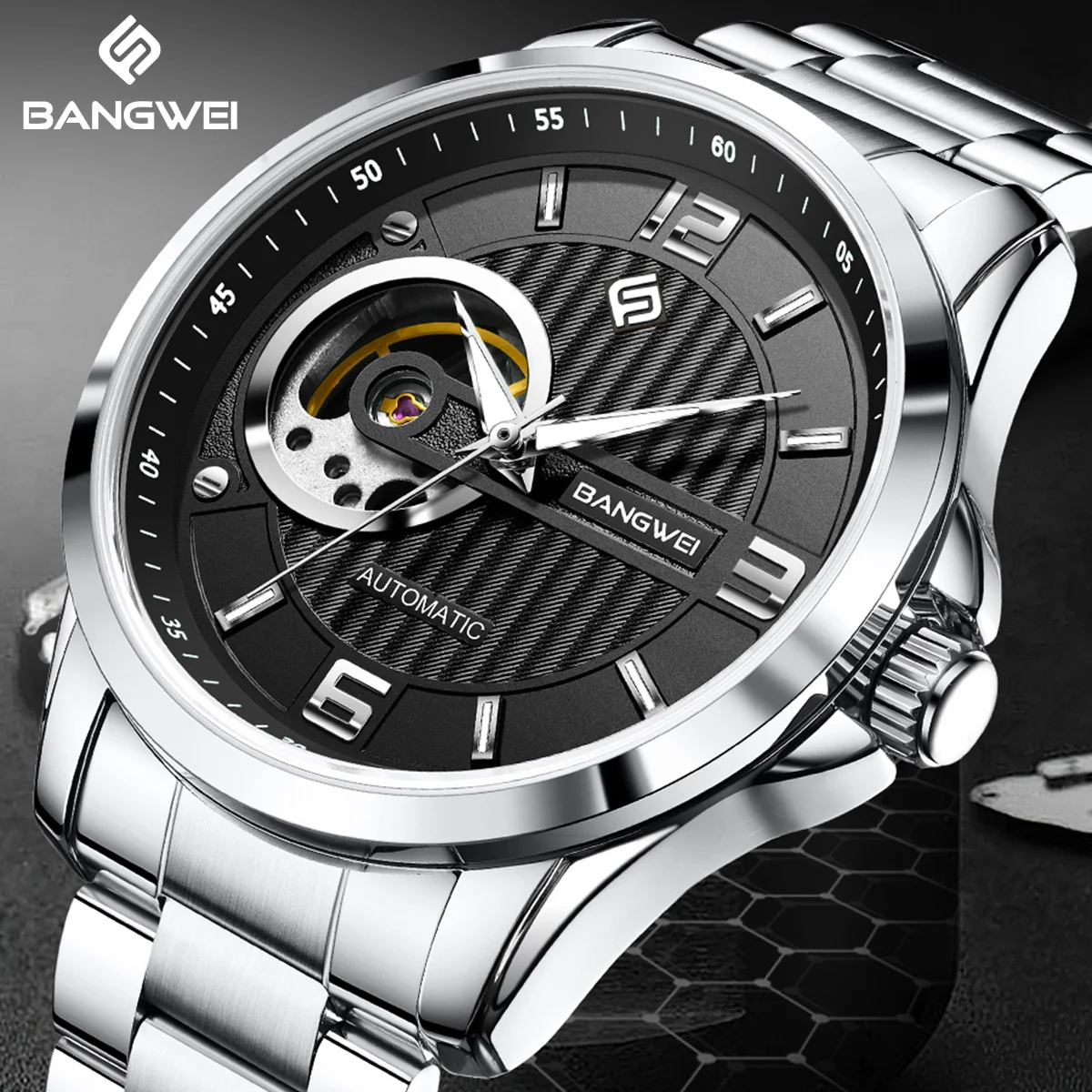 

BANGWEI Роскошные автоматические механические часы Элегантные светящиеся мужские часы Водонепроницаемые деловые мужские часы с турбийоном из нержавеющей стали