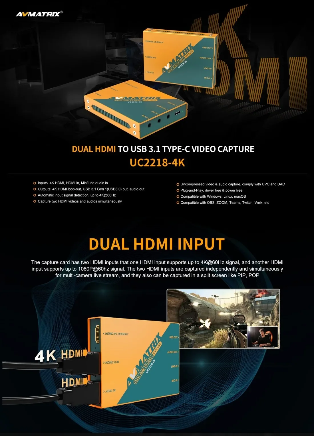 UC1118 UC1218 UC2018 UC1218-4K Карта захвата видеокоммутатора SDI HD-MI к USB3.1 Автоматическое обнаружение входного сигнала