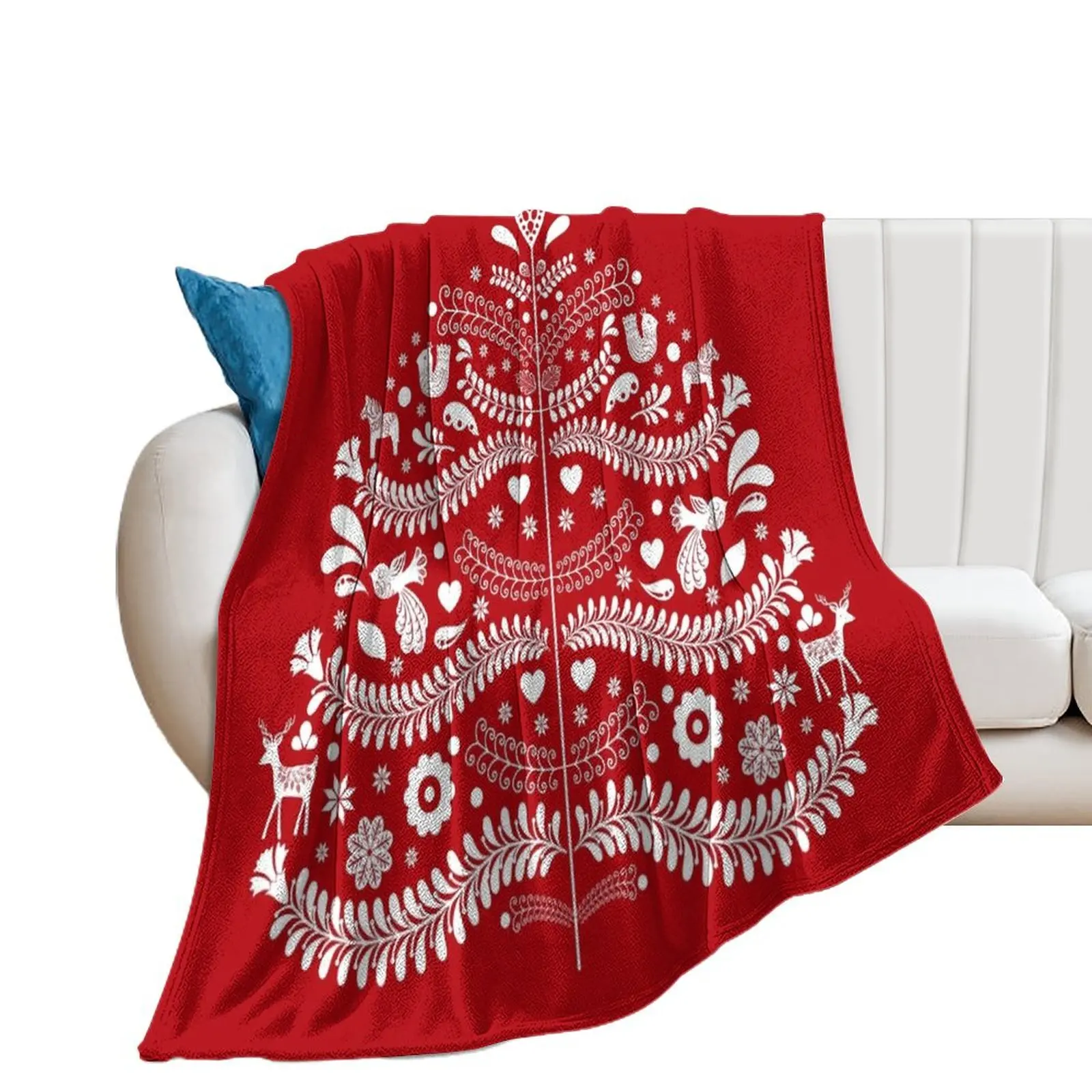 

White Scandinavian Christmas Tree on Red Throw Blanket bed plaid Giant Sofa Nap Comforter Blankets