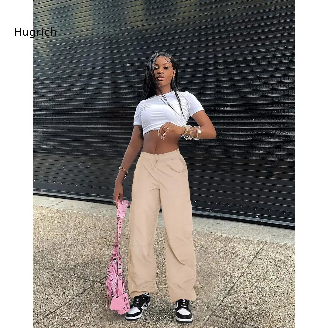 Casual Baggy Wide Leg Cargo Pants Elastic Waistband Drawstring Multiple Patch Pockets Adjustable Ankle Daily Wear Trousers