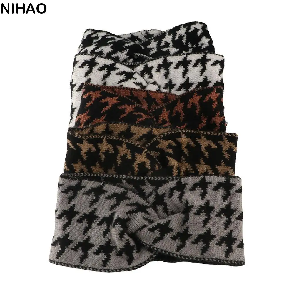 

Temperament Woolen Knitted Headband Cross Korean Style Bow Headband Headscarf Hairband Houndstooth Headband Sport