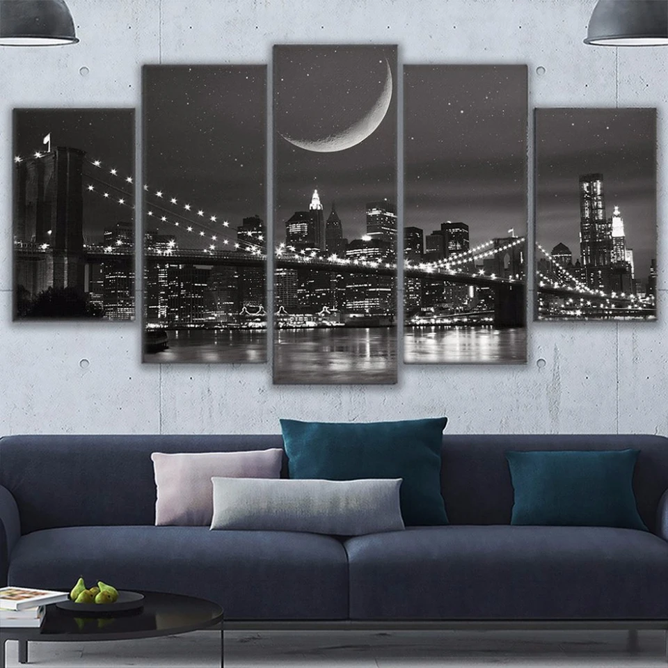 Diamond Painting 5d Modular Wall Art Home Decor 5 Pieces New York Moonscape Pictures embroidery Brooklyn Bridge Poster