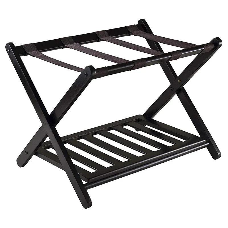 Foldable Luggage Rack Wooden Floor Standing with Shoes Shelf Suitcase Stand for Hotel Travel Home