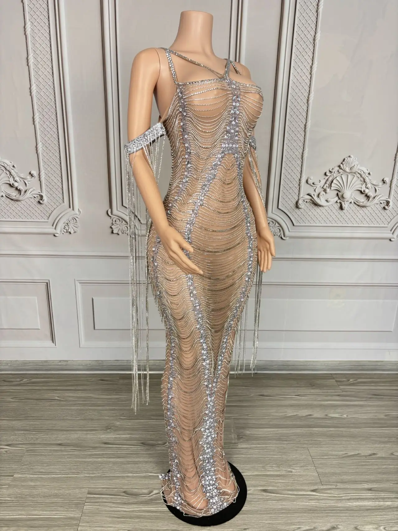 High-end Luxury Crystals Tassel Evening Gown Sheer Mesh Tight Fitting Long  Dress Festival Celebrate Prom Outfit Club Wear Xiliu - AliExpress 200000345
