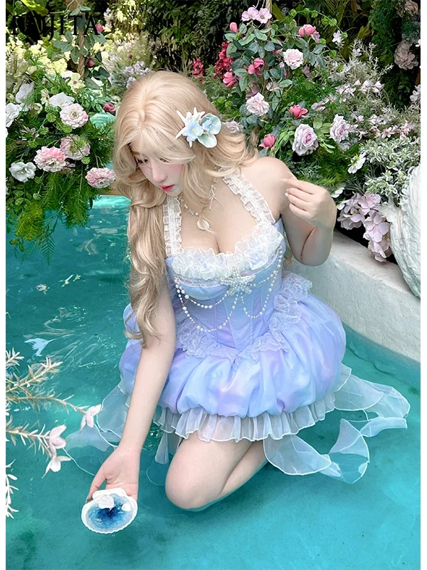 2025 جو الشاطئ عطلة الصيف جزيرة نمط مثير الرسن الرقبة التخسيس أنيقة الجنية نمط فستان قصير قنديل البحر برعم تنورة