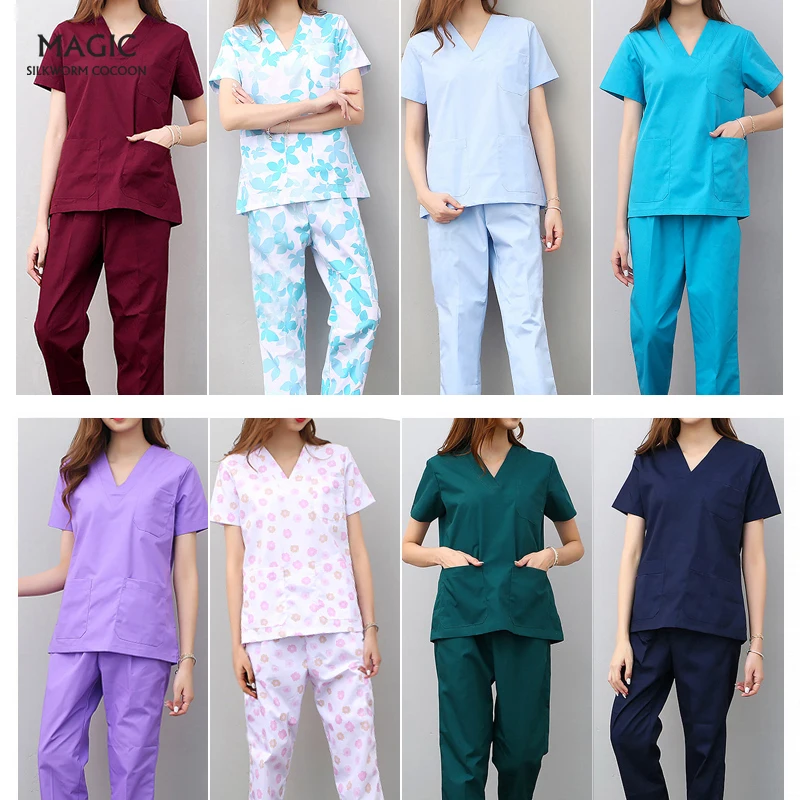 

Workwear Clothes Health Workers Frosted Tops Pants Beauty Salon Scrub Uniforms Scrubs Set Short Sleeve V-neck Uniform Coat