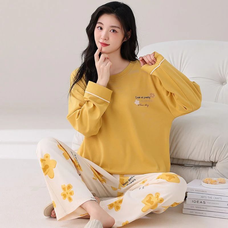 2024 가을 긴 소매 100% 코튼 프린트 잠옷 여성용 세트 한국어 귀여운 잠옷 잠옷 Homewear Pijama Mujer Home Clothes