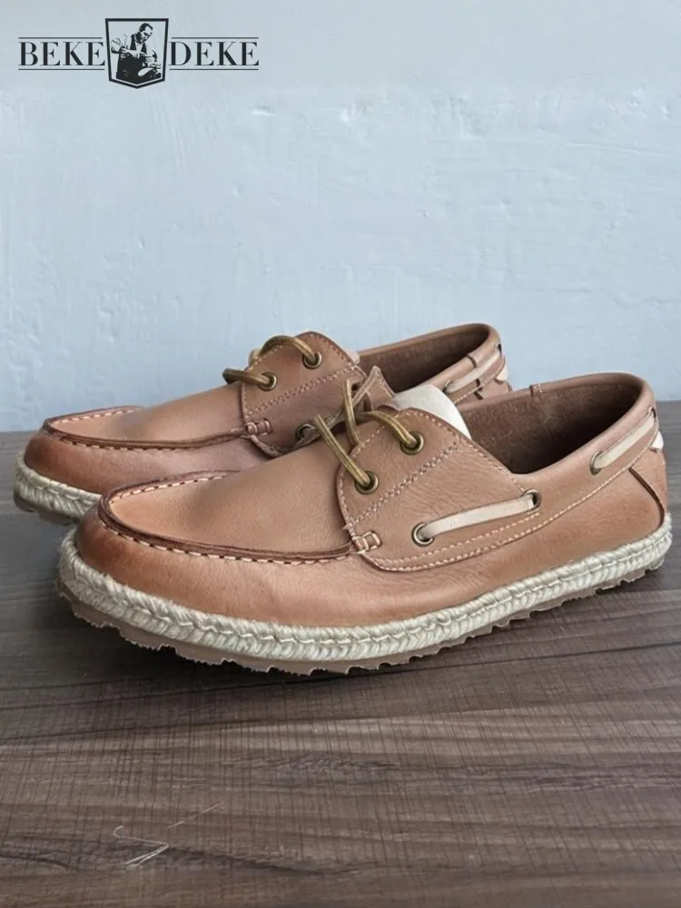 

British Style Cowhide Low Heel Retro Casual Shoes Fashion Handmade Solid Color Genuine Leather Round Toe Lace-Up Male Sneakers