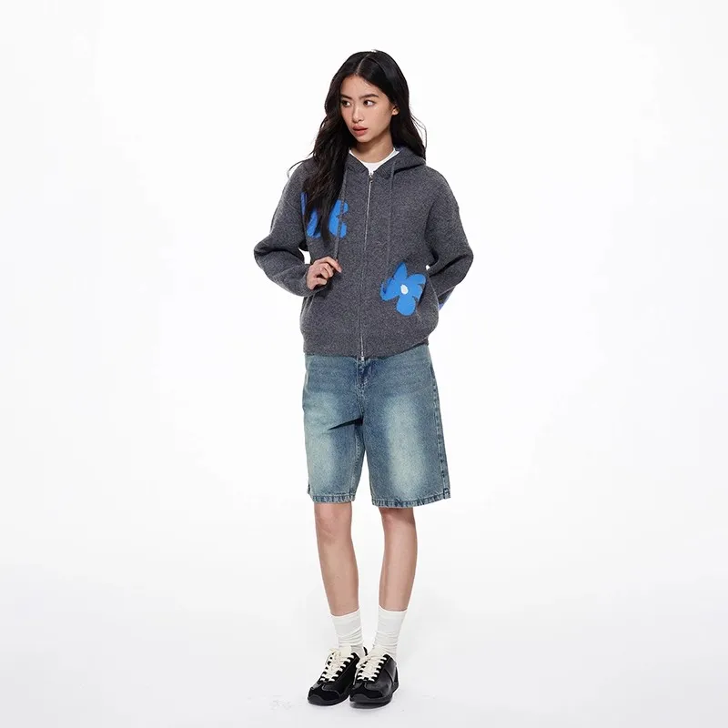 플라워 후드 스웨터 레이지 니트 스타일 가디건 가을 겨울 아우터 지퍼 캐주얼 트렌디 탑