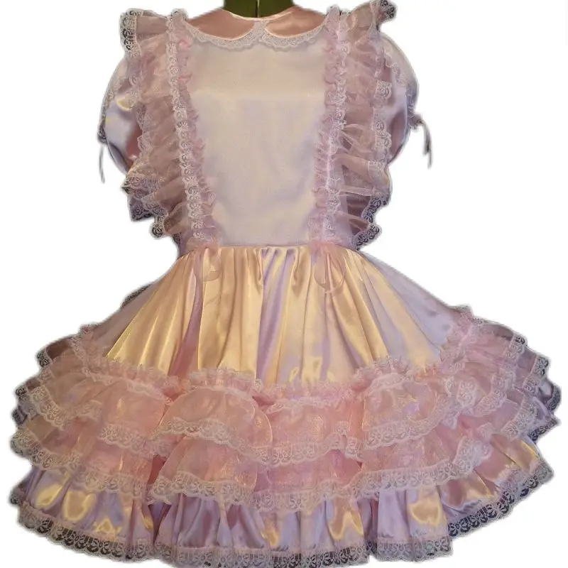 

Fashionable French Pink Satin Dress Adult Giant Baby Sissy Role Play Makeup Prom Maid Dress Custom Lockable