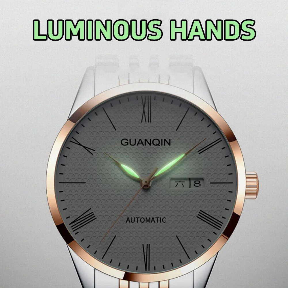 GUANQIN Waterproof Luminous Watch With Double Calendar Dial Fashion Business Luxury Military Automatic Mechanical Men Watches