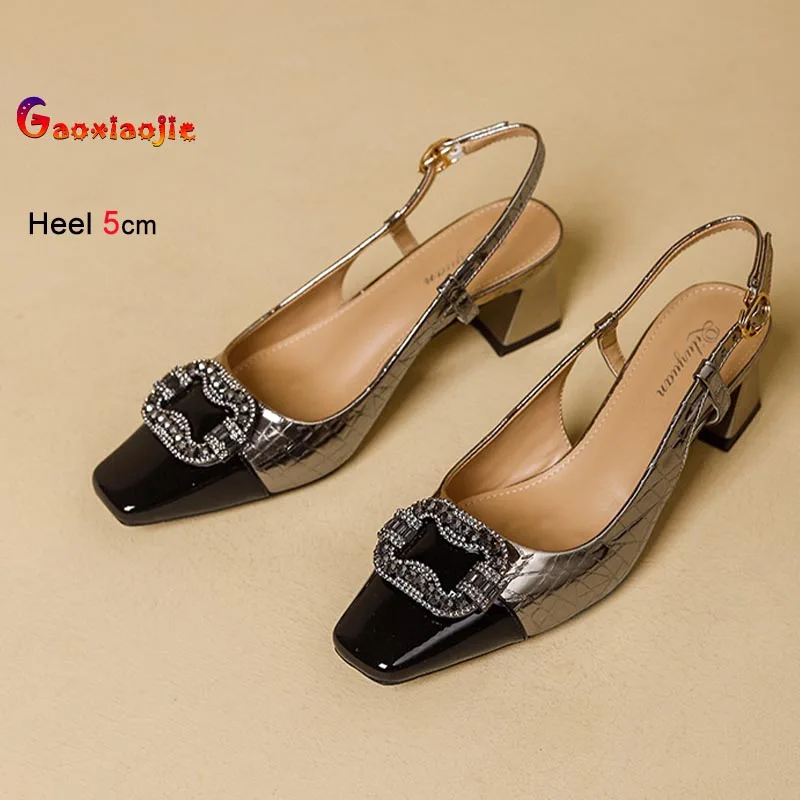 

Модные женские босоножки с квадратным носком, весенняя новинка, с цветными блоками, металлической пряжкой, на толстом каблуке 5 см, женская обувь на высоком каблуке