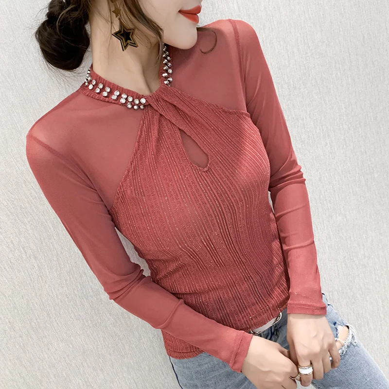 MadBlack New Autumn Long Sleeve Women T-shirts Fashion Sexy Mesh tops Beaded Solid Color Woman tshirts Plus Size blusas T29524S