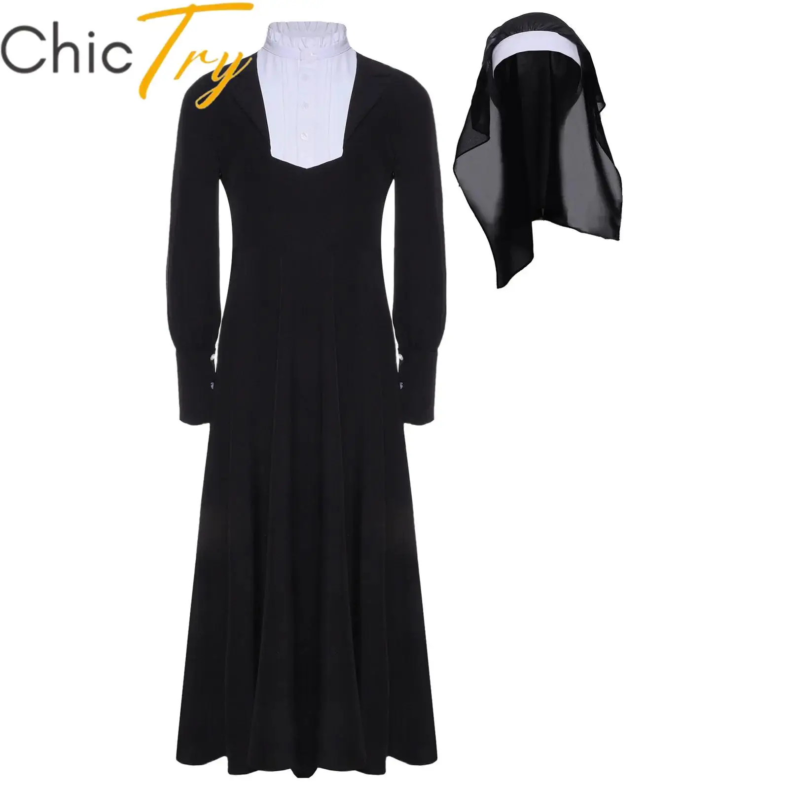 

Kids Girls Nun Costume Children Ruffled Long Sleeve Cosplay Party Dress with Veil for Halloween Carnival World Book Day Dress Up