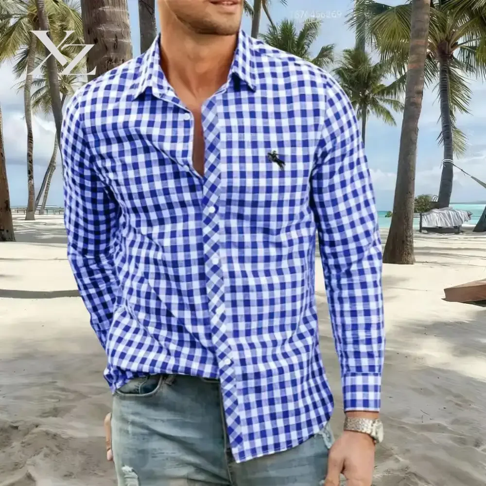 New Men's Shirts Are Available in Striped and Checked Styles, With Various Colors to Choose From. This Casual Long-Sleeved Shirt