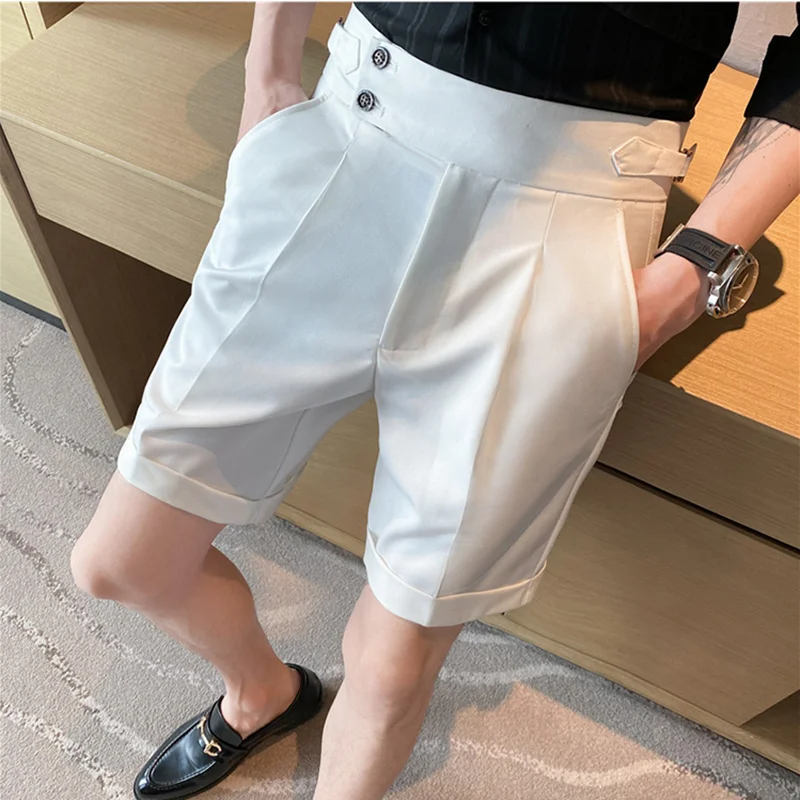 British Style Summer Men Suit Shorts Fashion Belt Design Slim Fit Short Pant Formal Social Wedding Party Knee Length Short Pants