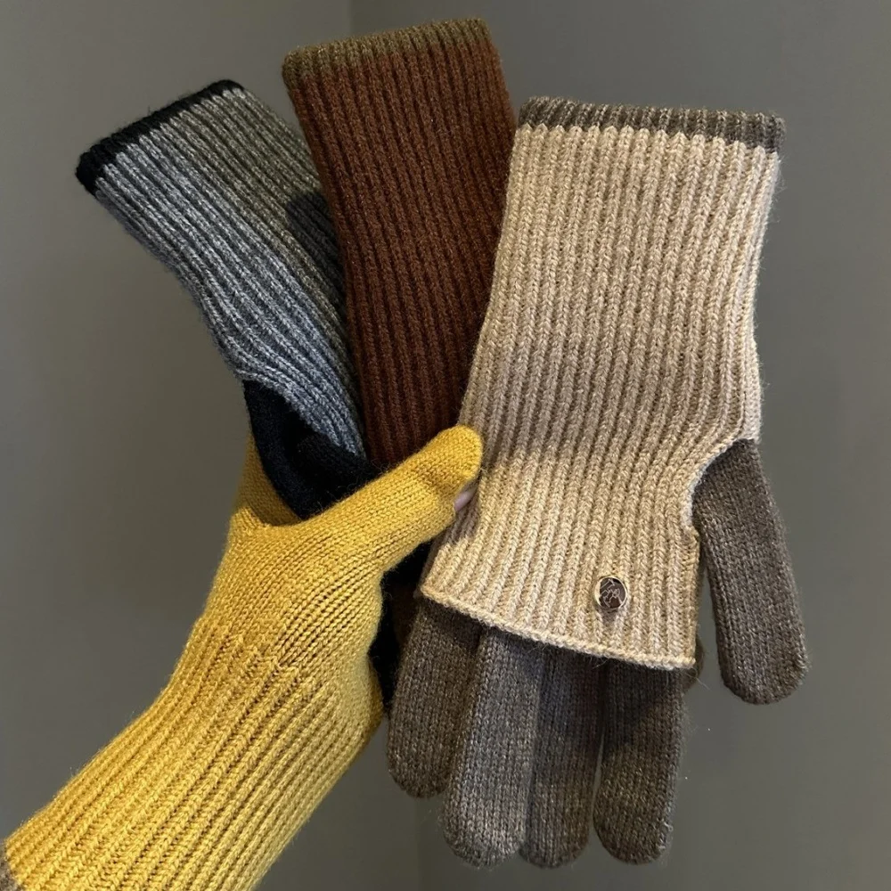 Winter Colorful Knitted Cycling Gloves Patchwork Dual-purpose Women's Gloves guantes Touch Screen Arm Warmers Fingerless Gloves